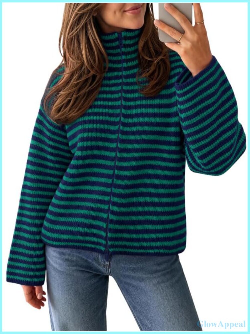 Women's Striped Chunky Knit Mock Neck Cardigan Sweater Zip